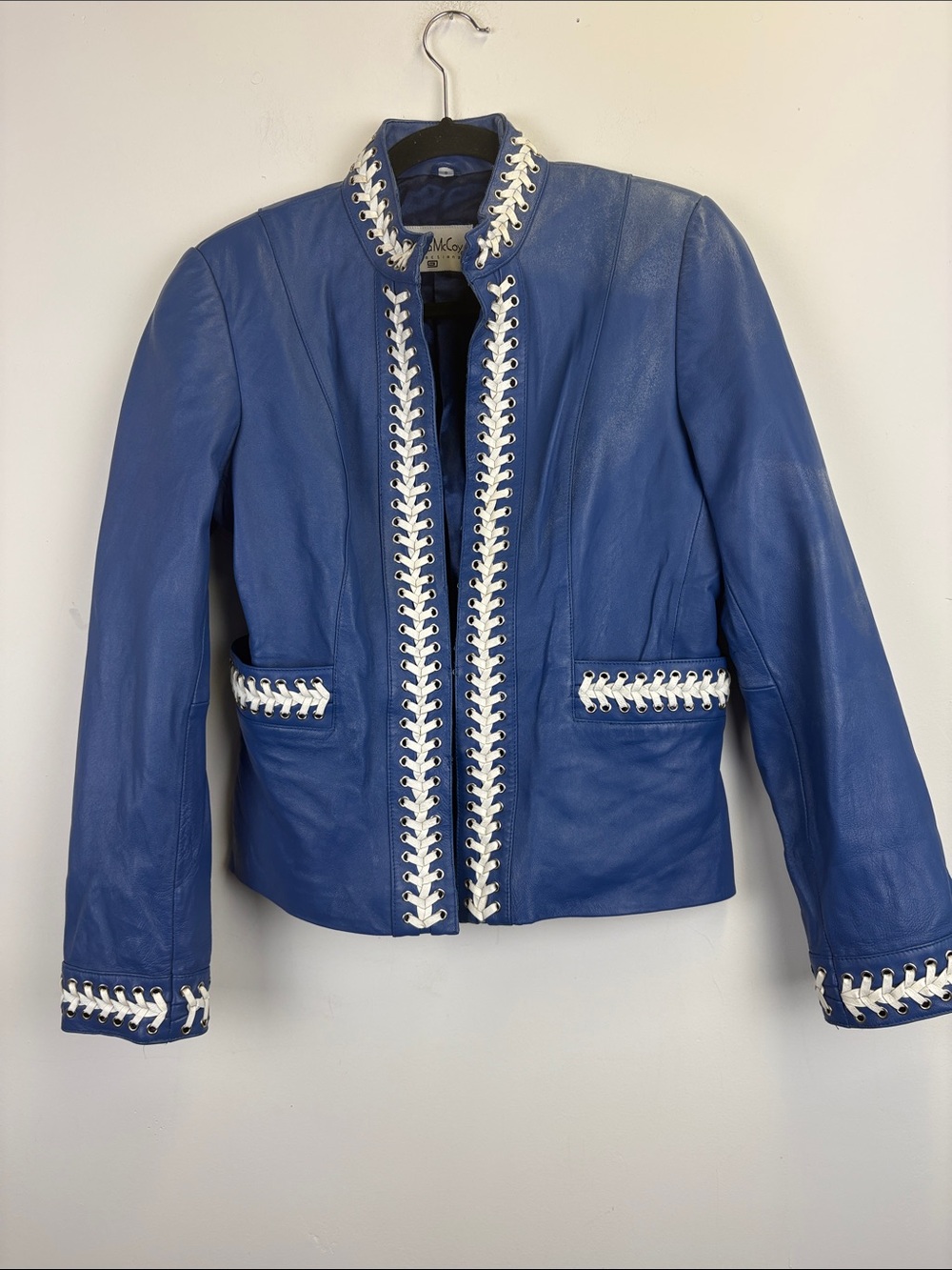 Vintage Pamela McCoy Blue Leather Jacket Whipstitch Lace Up Statement Jacket SM